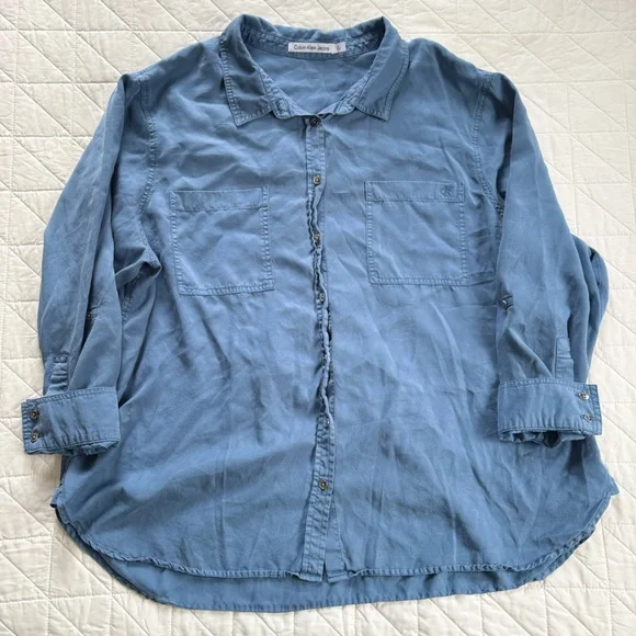 Calvin Klein Jeans Women's 2X Blue Button Down Lightweight Soft Utility Shirt - Picture 7 of 11
